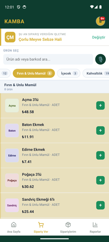 KAMBA bakkal uygulaması — ürünler kalem kalem