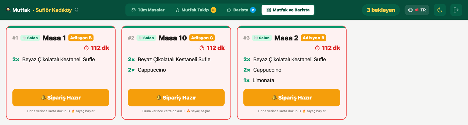 KAMBA mutfak ekranı (KDS) — hazırlanan siparişler