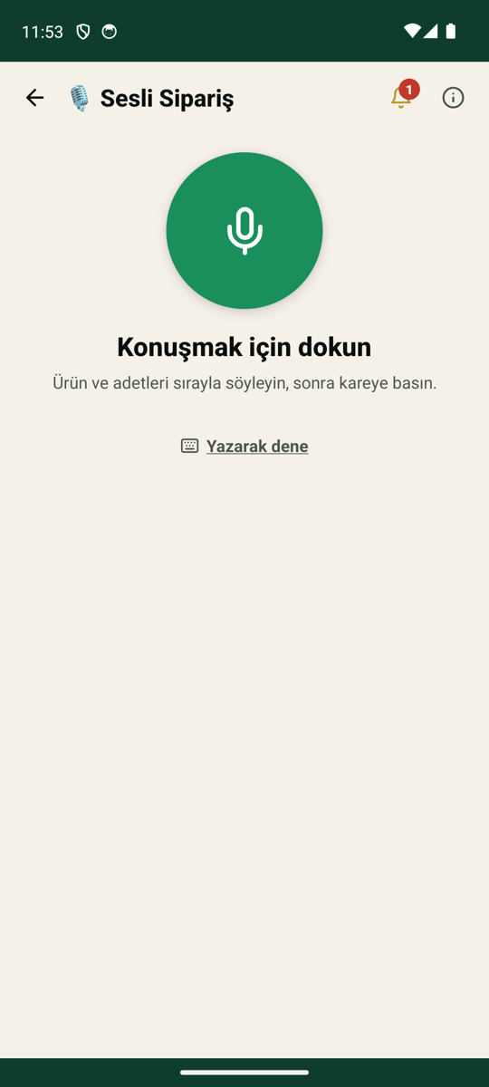KAMBA sesli sipariş — konuşmak için dokun ekranı