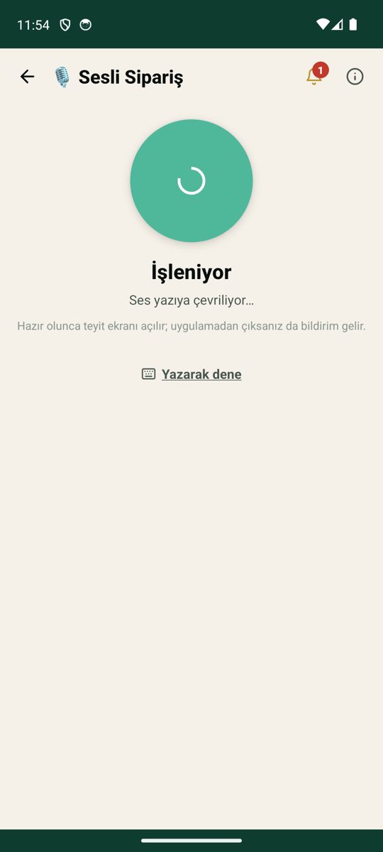 KAMBA sesli sipariş — ses yazıya çevriliyor