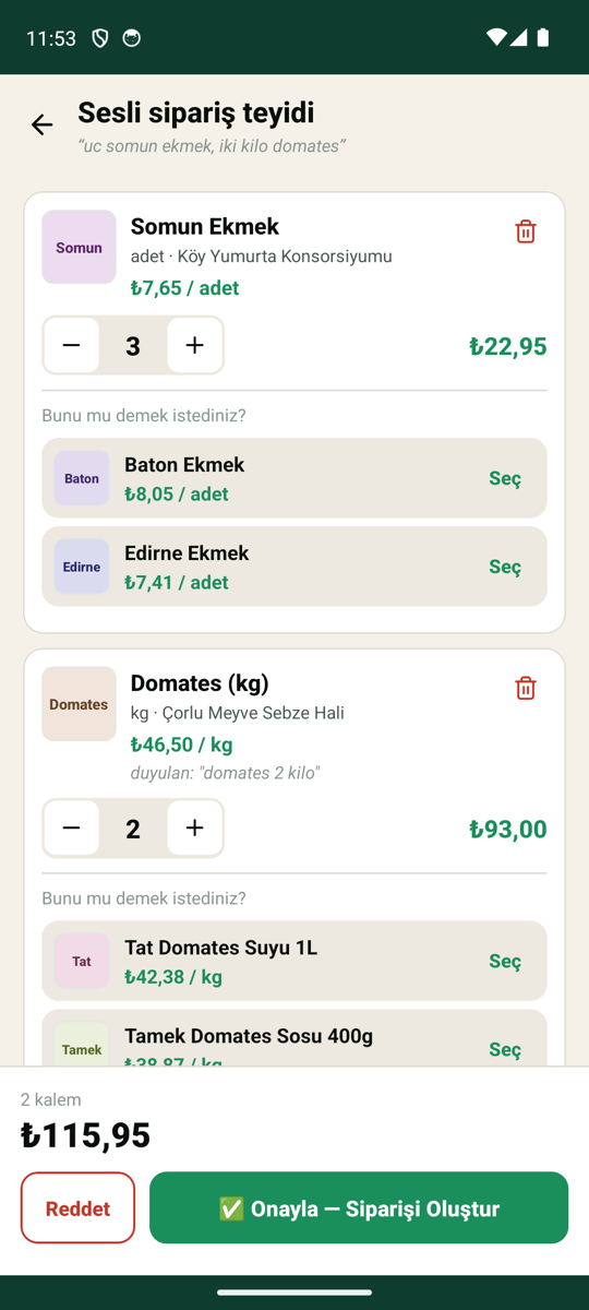 KAMBA sesli sipariş — fiyatlı teyit ekranı
