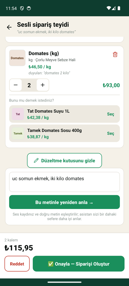 KAMBA sesli sipariş — söylediğim şuydu düzeltme kutusu